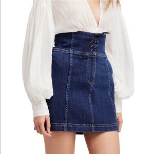 FREE PEOPLE MODERN FEMME CORSET TIE FRONT DENIM SKIRT‎ Y2K Indie Coquette Grunge